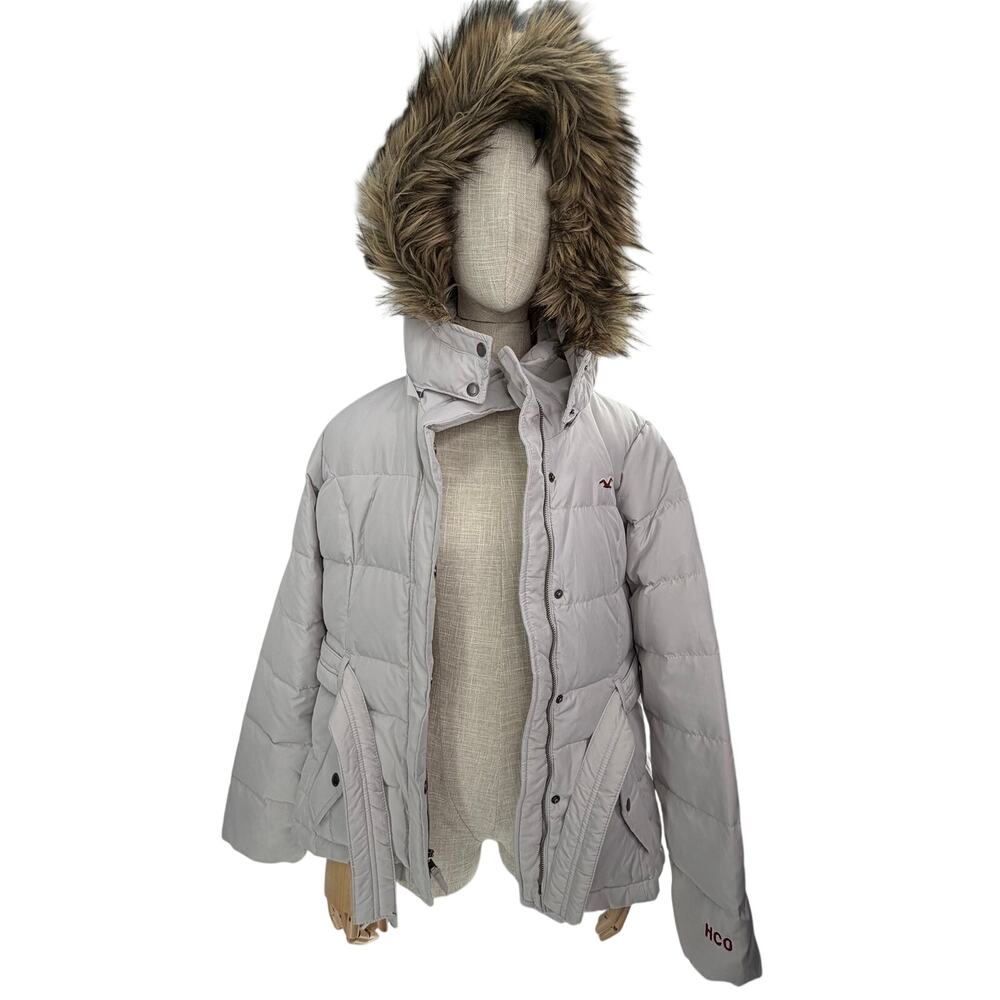 Hollister Womens Gray Quilted Faux Fur Hooded Puffer Jacket Size L